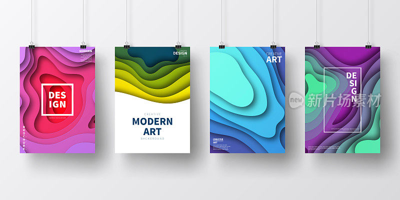 Posters with colorful paper cut designs, isolated on white background